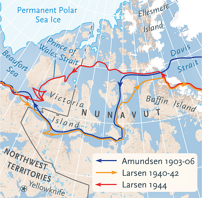Map of the routes of the <I>Gjoa</I> (1903) and the <I>Larson</I> (1940-44